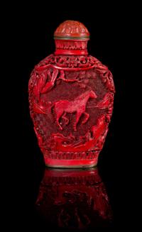 A Cinnabar Lacquer Snuff Bottle Height 3 1/8 inches.