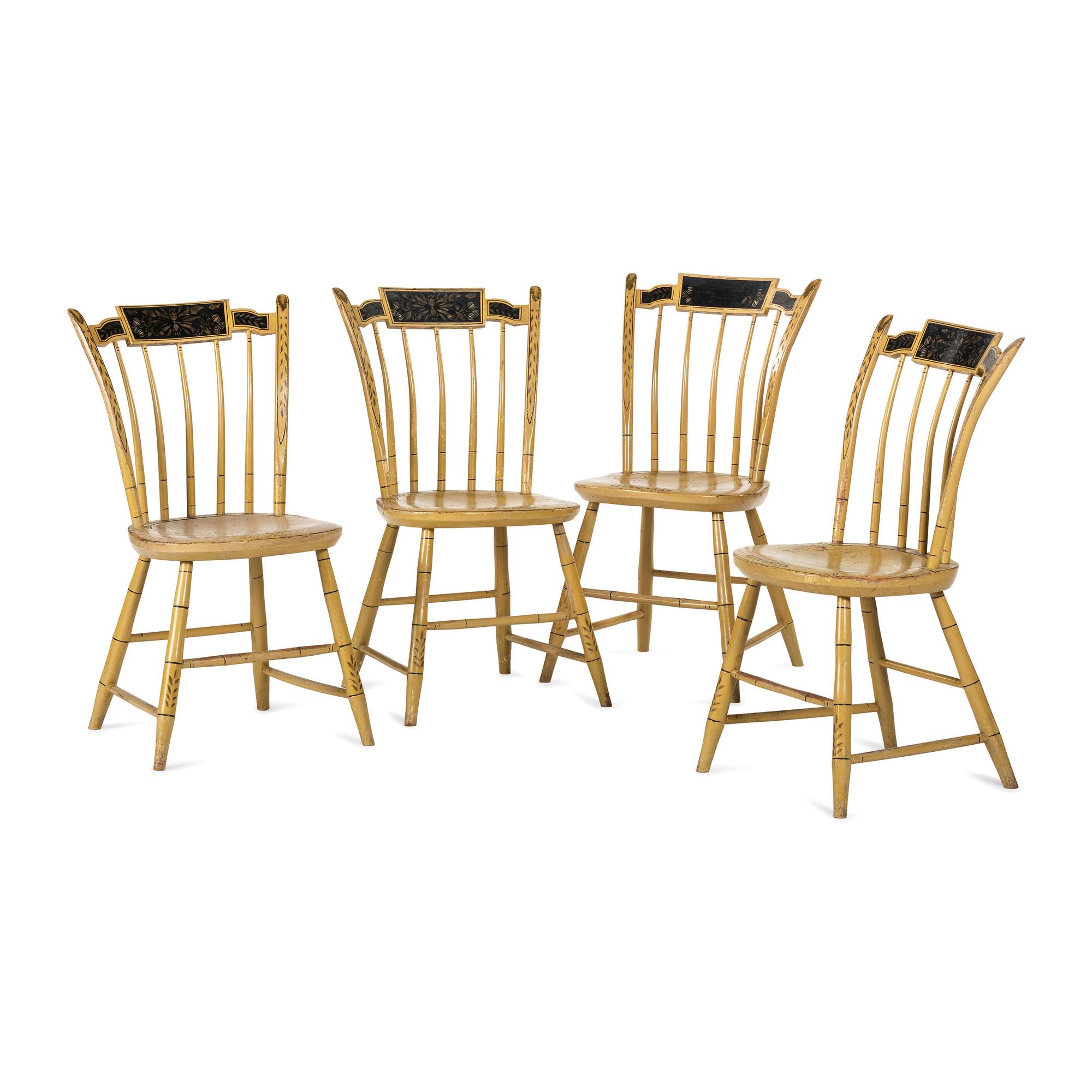 A Set of Four Yellow-Painted and Stencil Decorated Hitchcock Windsor Side Chairs