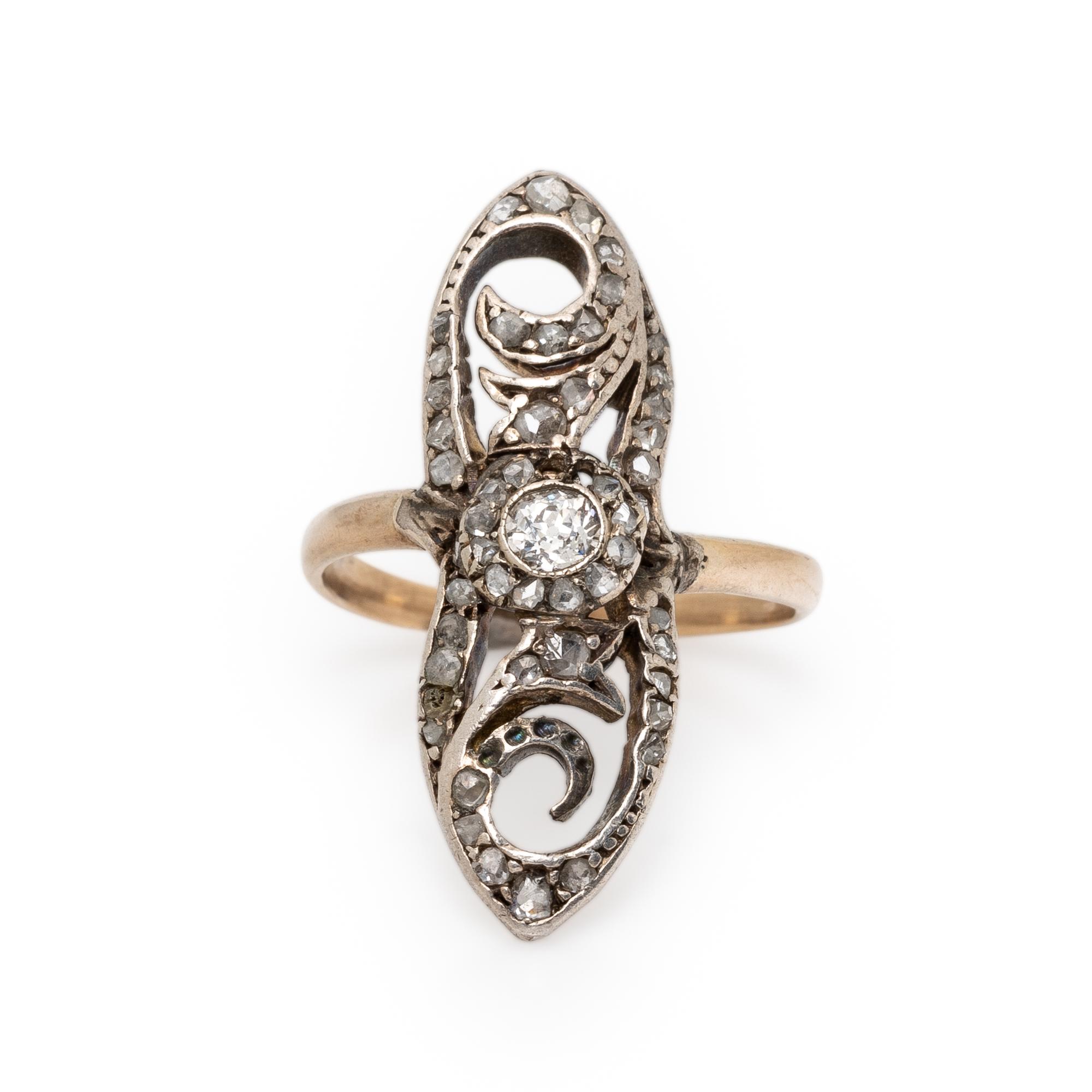 ANTIQUE, RUSSIAN, DIAMOND AND SILVER-TOPPED GOLD NAVETTE RING