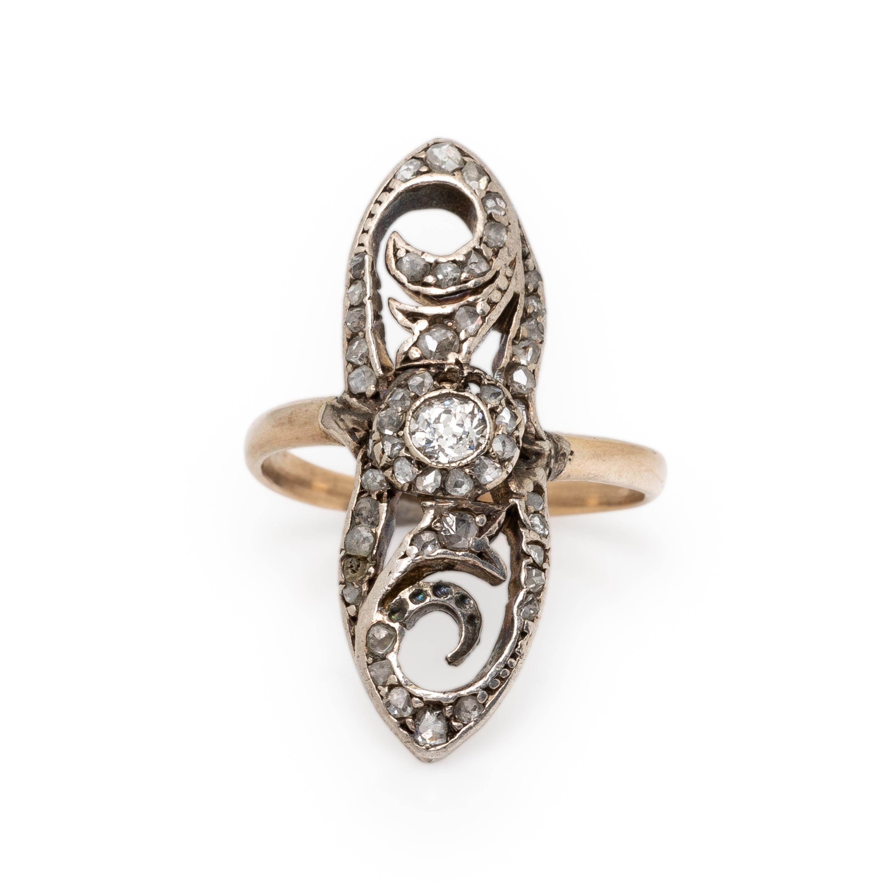 ANTIQUE, RUSSIAN, DIAMOND AND SILVER-TOPPED GOLD NAVETTE RING