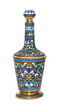 A Russian Enameled Silver Scent Bottle, Antip Kuzmichev, Moscow, 1896-1908, of baluster form with stylized foliate and geometric decora