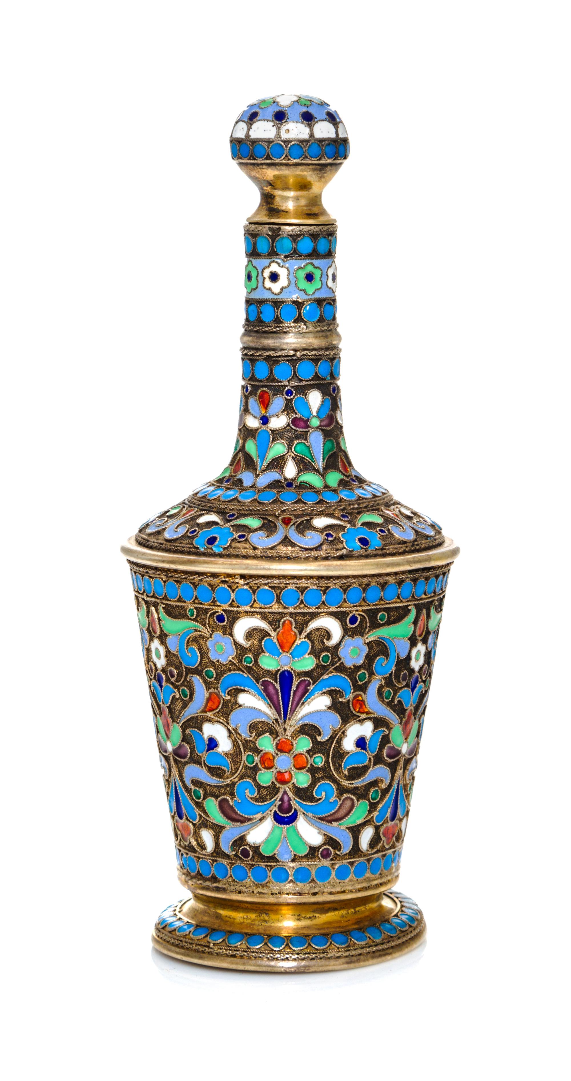 A Russian Enameled Silver Scent Bottle, Antip Kuzmichev, Moscow, 1896-1908, of baluster form with stylized foliate and geometric decora