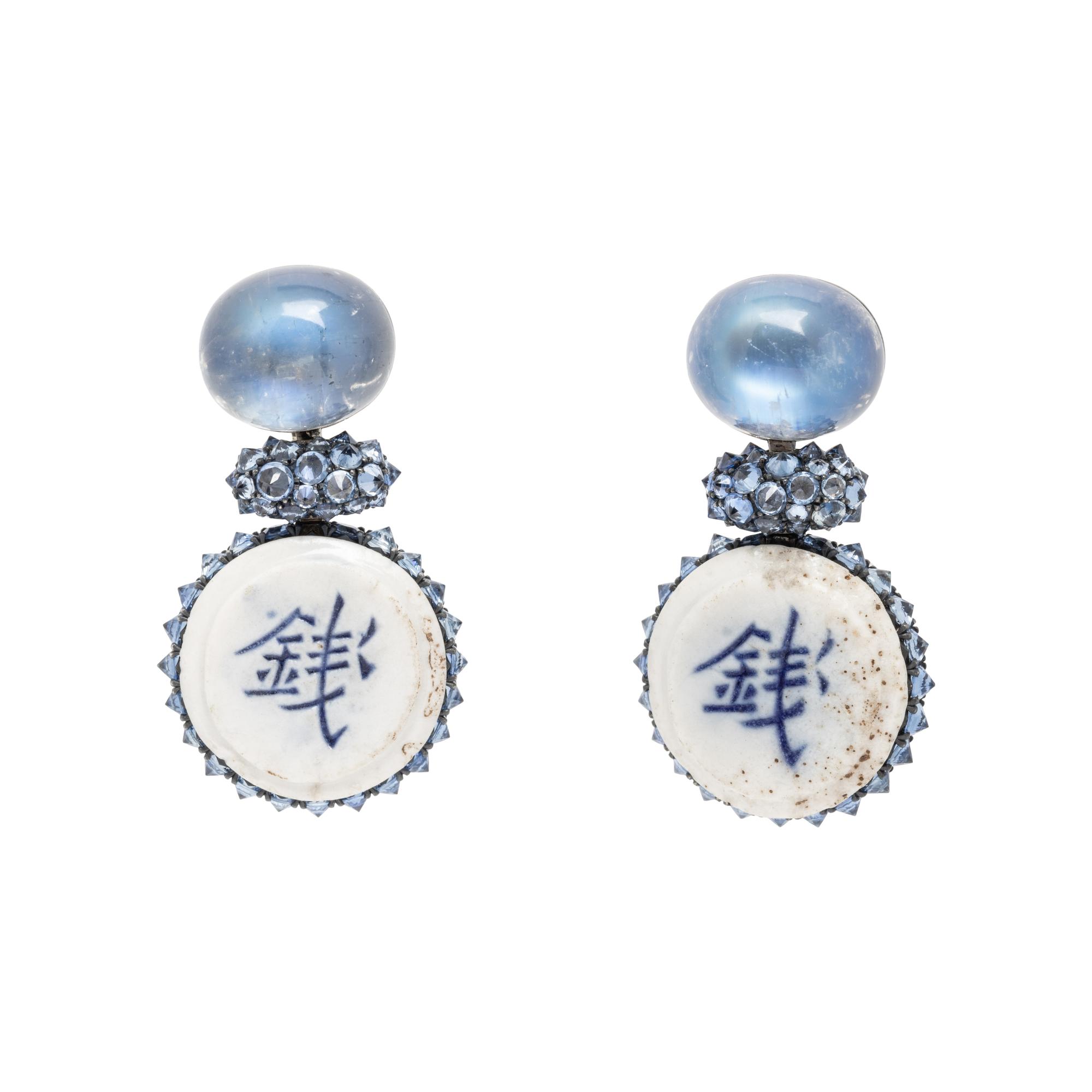 HEMMERLE, MOONSTONE, SAPPHIRE AND PORCELAIN EARRINGS