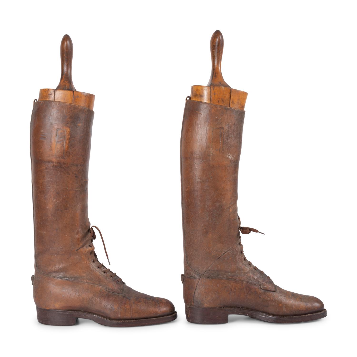 A Pair of Leather Lace Up Pull-On Men's Boots with Wood Boot Stretchers