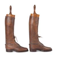 A Pair of Leather Lace Up Pull-On Men's Boots with Wood Boot Stretchers