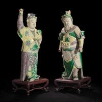 An unusual pair of large Chinese famille-verte decorated porcelain guardians 五彩门神一对 18th century ????