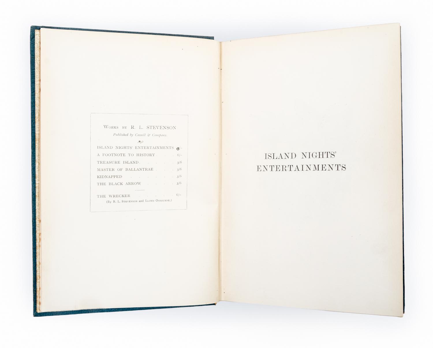 STEVENSON, ROBERT LOUIS. Island Nights' Entertainments. London, 1893. First edition.
