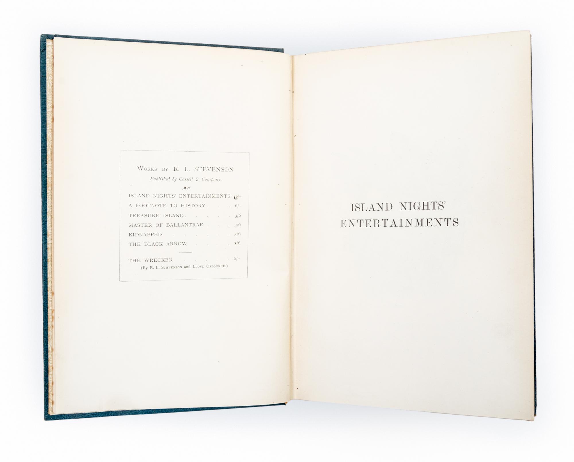 STEVENSON, ROBERT LOUIS. Island Nights' Entertainments. London, 1893. First edition.