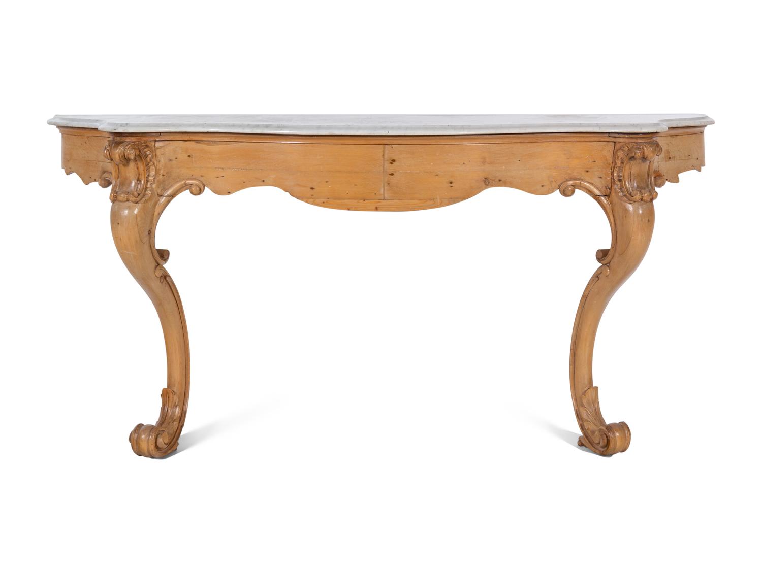 A Continental Carved Fruitwood Marble-Top Console Table and Mirror