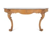 A Continental Carved Fruitwood Marble-Top Console Table and Mirror