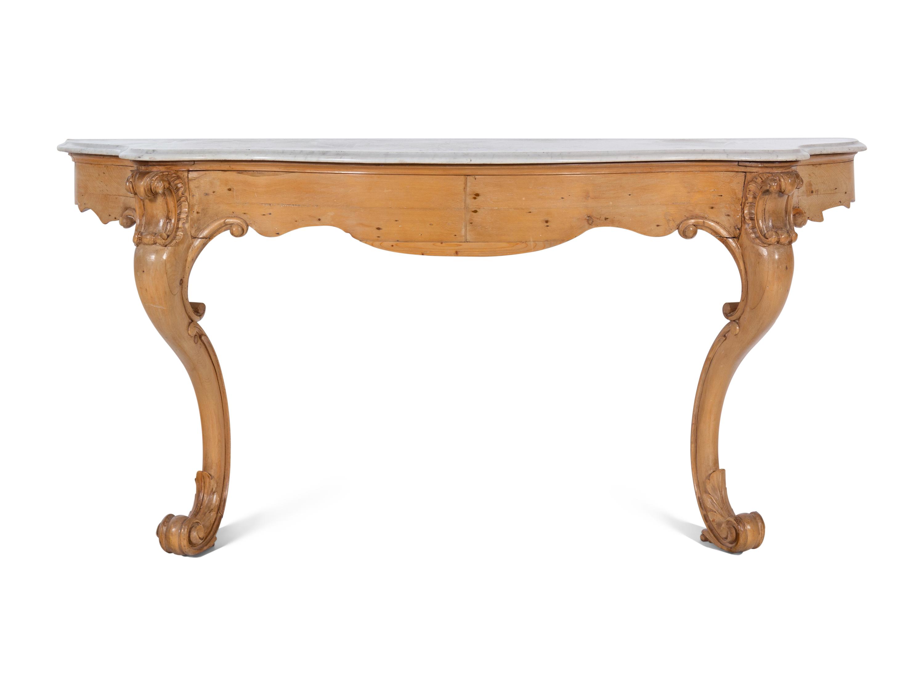 A Continental Carved Fruitwood Marble-Top Console Table and Mirror