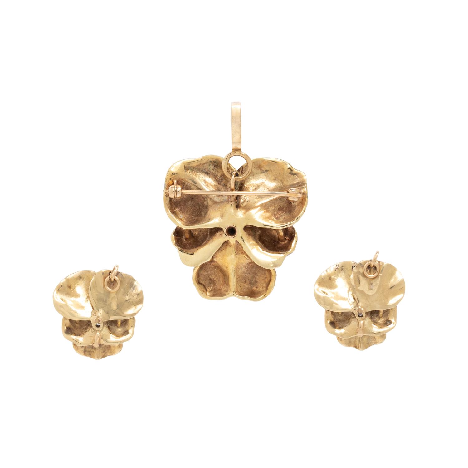 DIAMOND AND ENAMEL PANSY PENDANTS