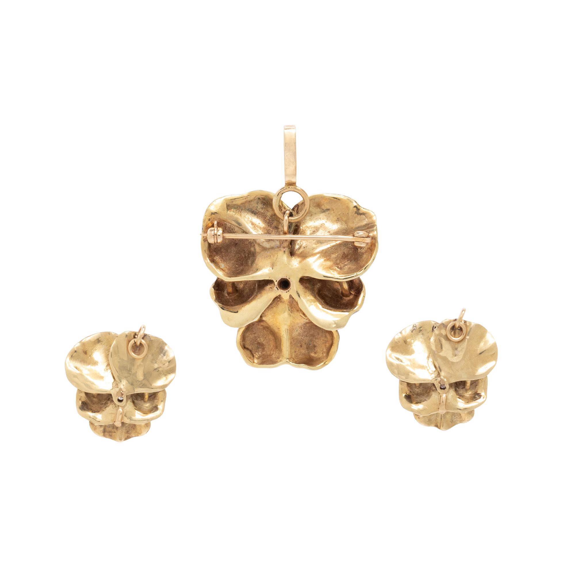 DIAMOND AND ENAMEL PANSY PENDANTS