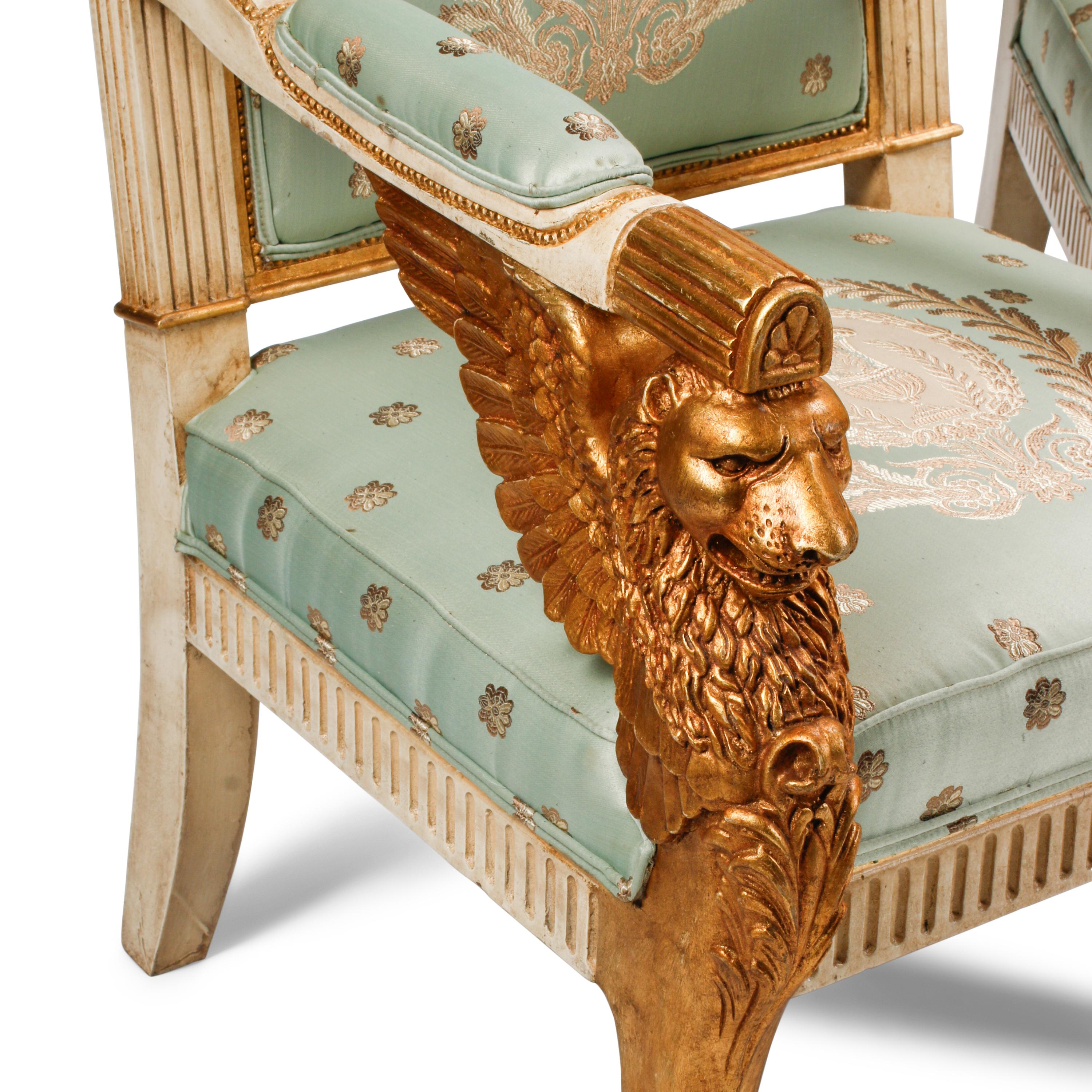 An Italian Neoclassical Style Painted and Parcel Gilt Three-Piece Seating Suite