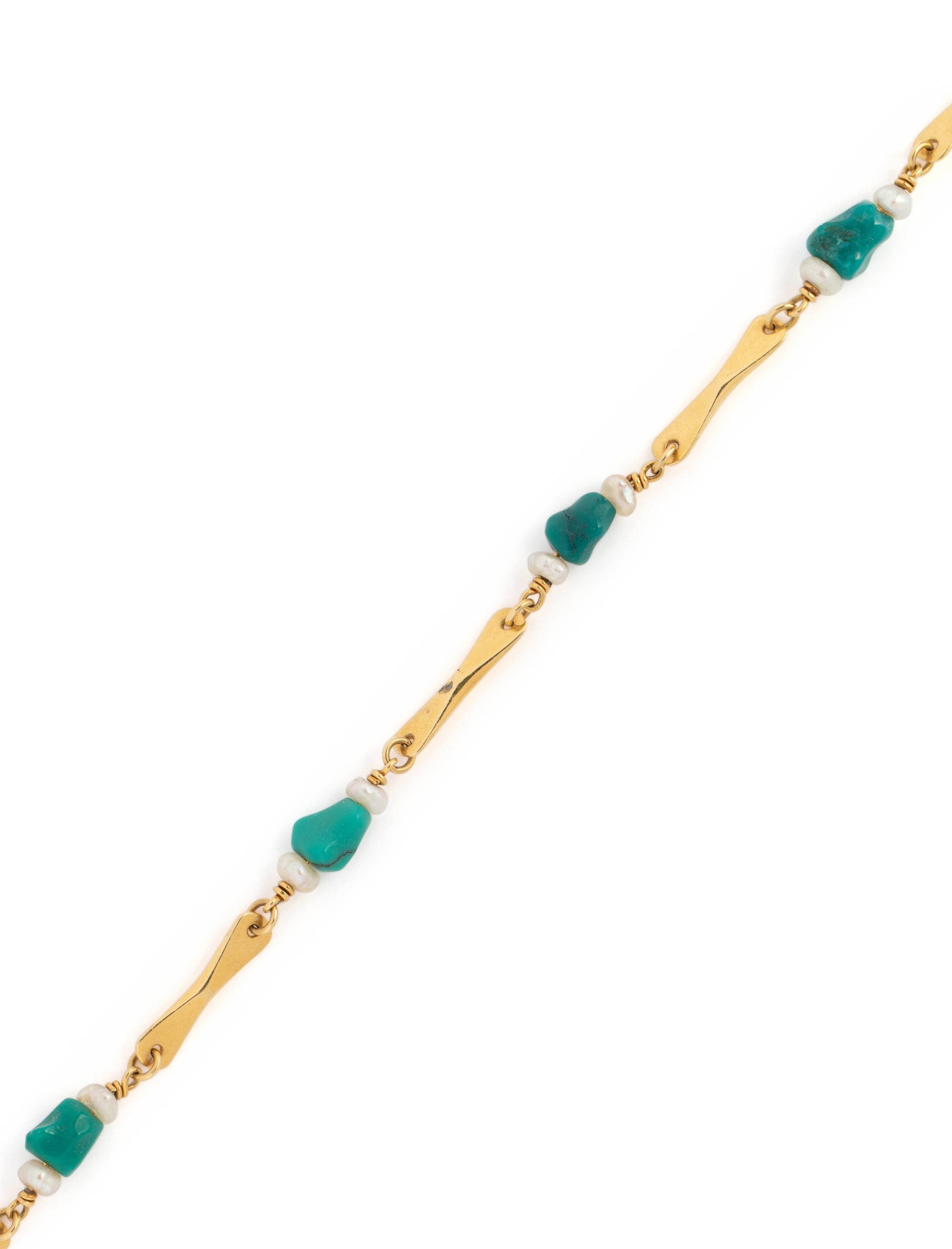 YELLOW GOLD, TURQUOISE AND FRESHWATER PEARL NECKLACE