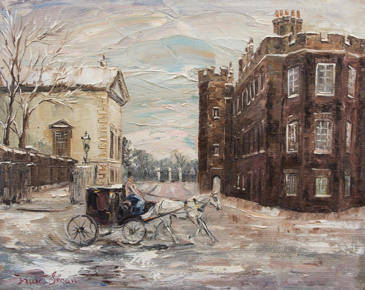 Frida Secan, (American, 20th Century), City Street Scene with Horse and Carriage