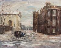 Frida Secan, (American, 20th Century), City Street Scene with Horse and Carriage