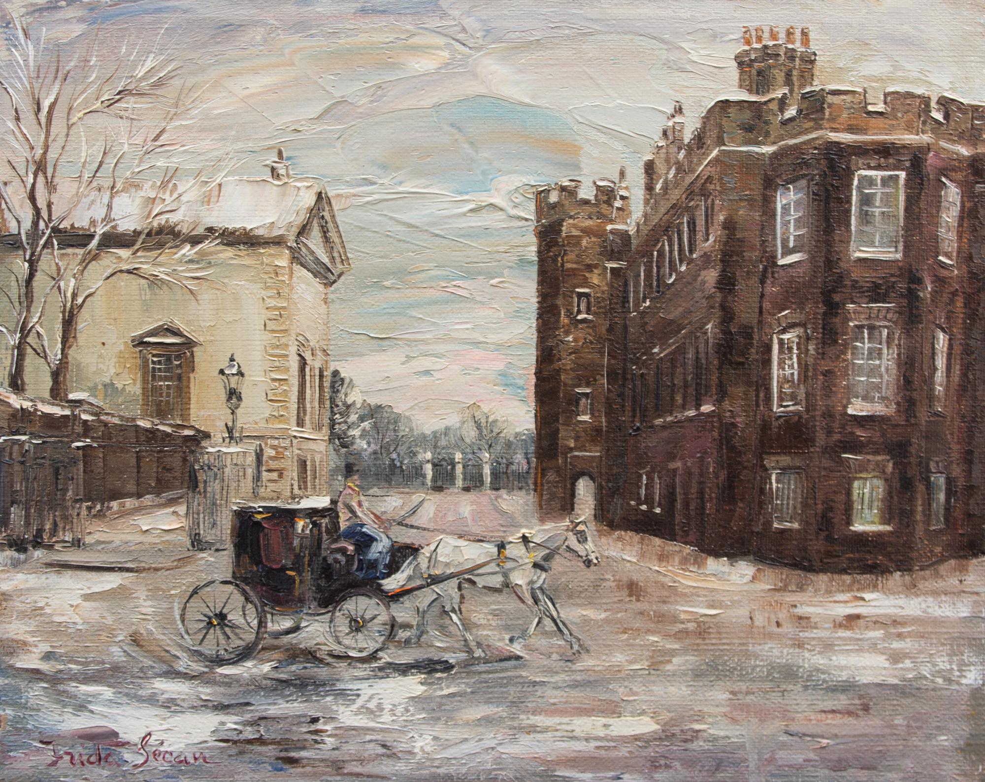 Frida Secan, (American, 20th Century), City Street Scene with Horse and Carriage