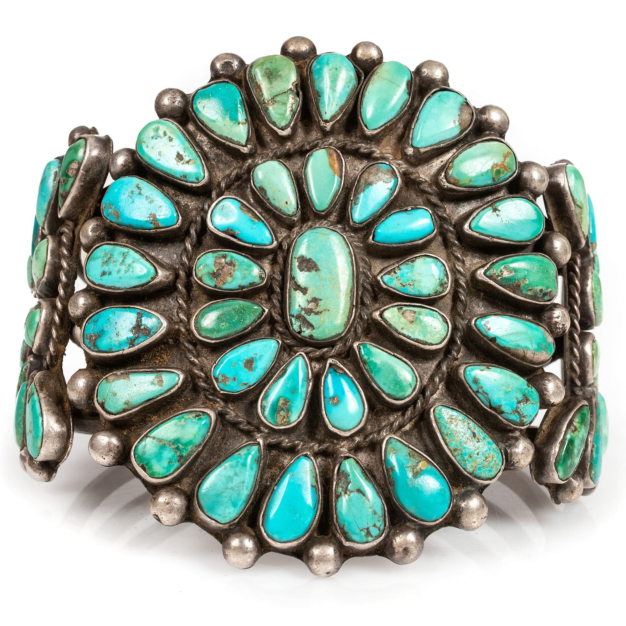 Navajo or Zuni Silver and Turquoise Cluster Cuff Bracelet