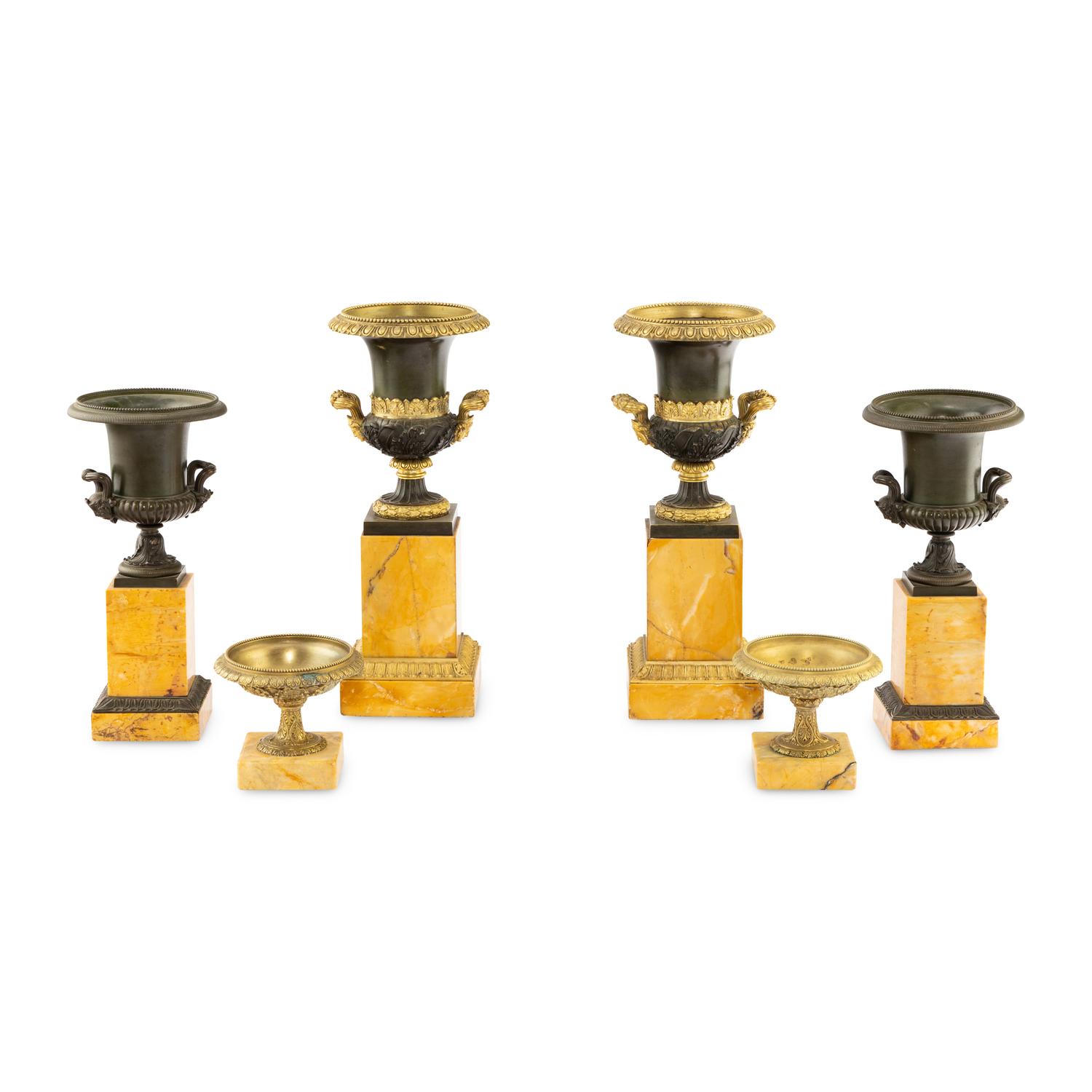 Three Pairs of Gilt and Patinated Bronze and Marble Urns