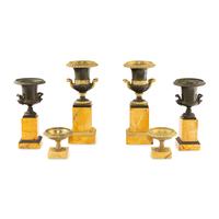 Three Pairs of Gilt and Patinated Bronze and Marble Urns