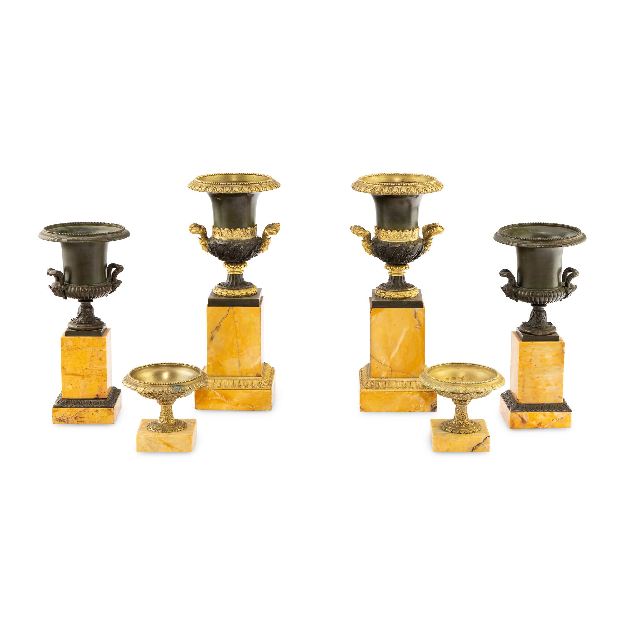 Three Pairs of Gilt and Patinated Bronze and Marble Urns