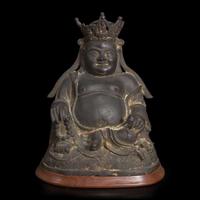 A Chinese bronze figure of crowned and seated Budai 布袋和尚铜像 Ming dynasty ?