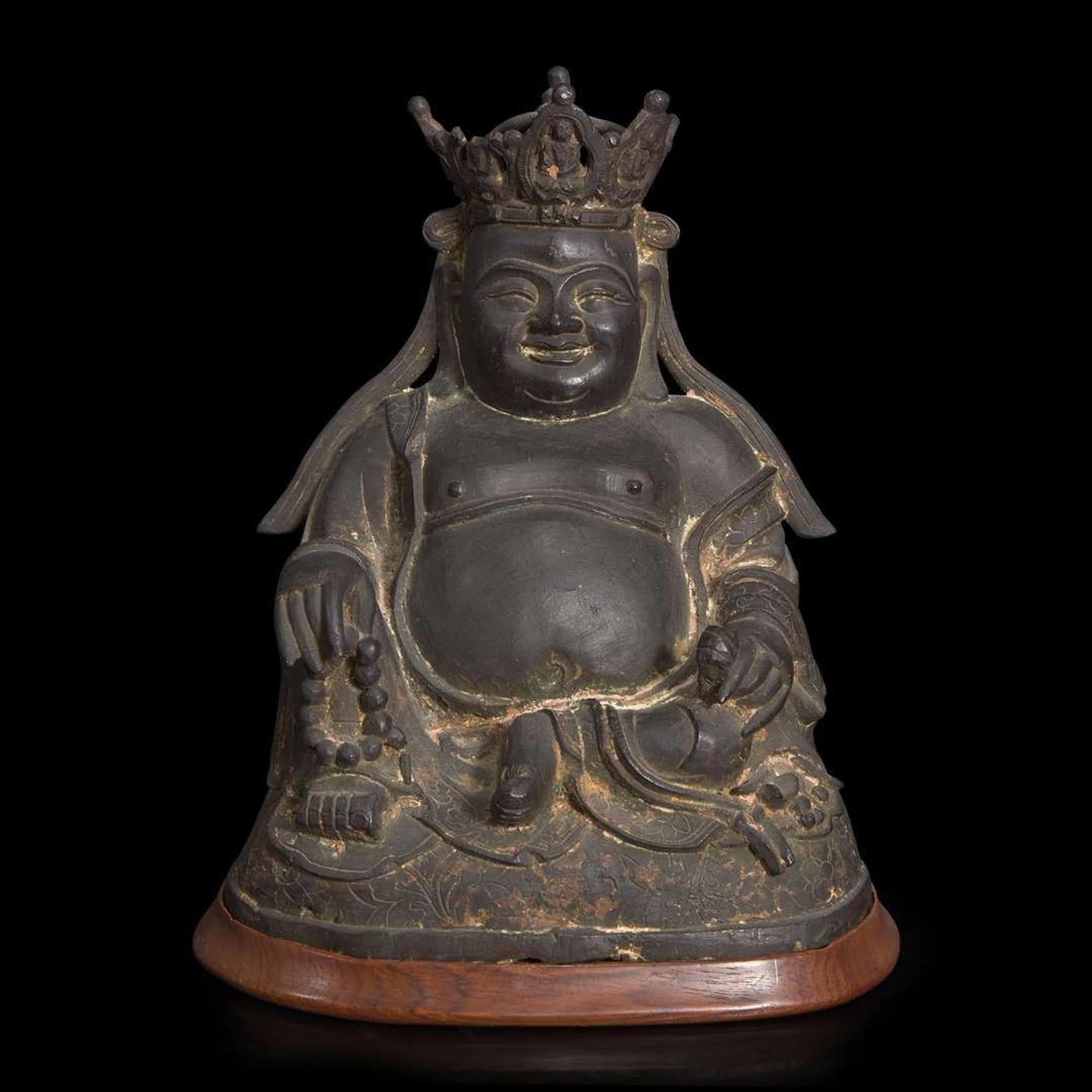 A Chinese bronze figure of crowned and seated Budai 布袋和尚铜像 Ming dynasty ?