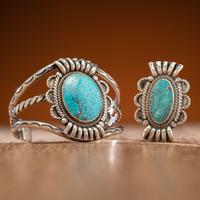 Navajo Silver and Spider Web #8 Turquoise Cuff Bracelet AND Ring