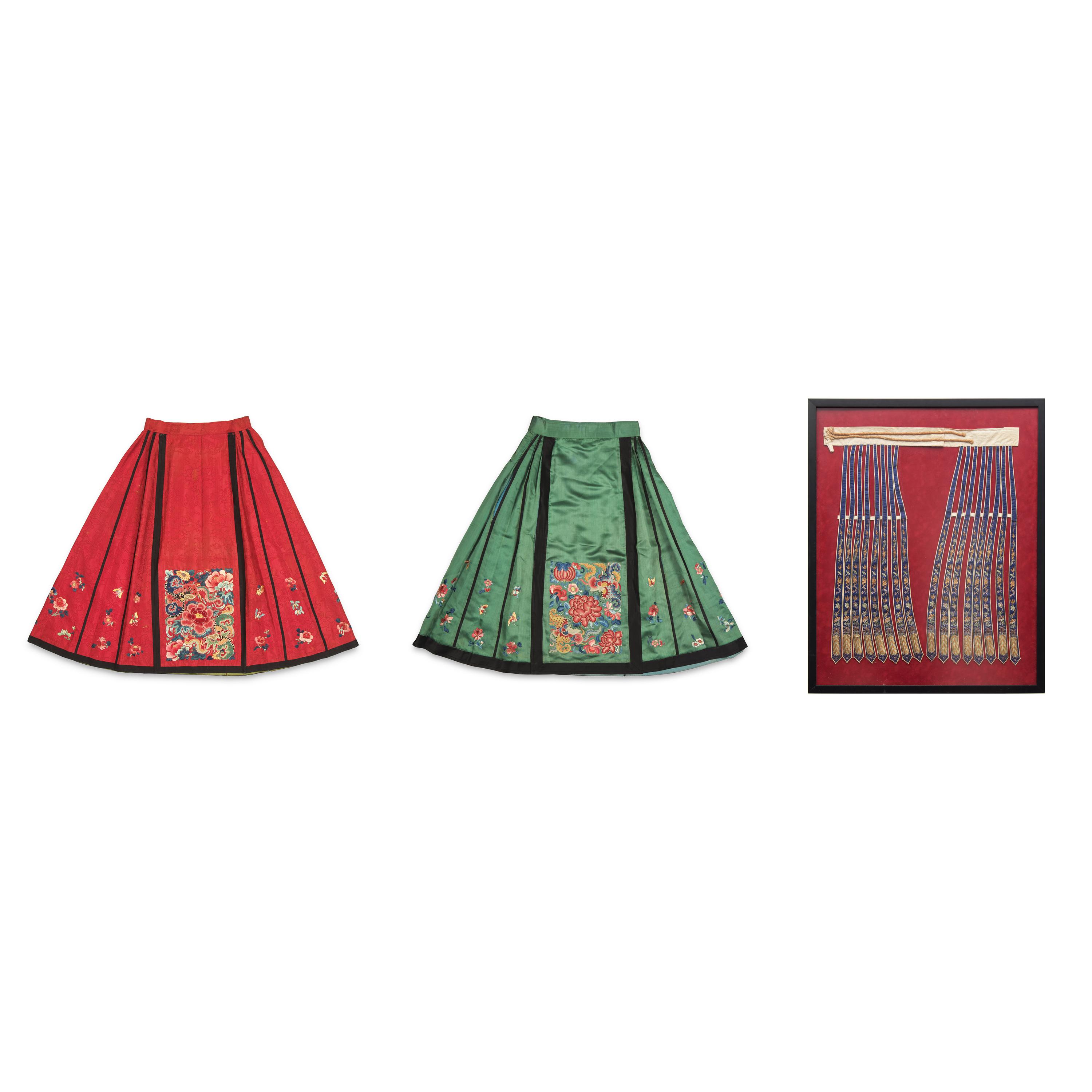 Two Chinese Silk 'Apron' Skirts and a Set of Skirt Ornaments, 19th-Early 20th Century 馬面裙兩件及裙飾一套