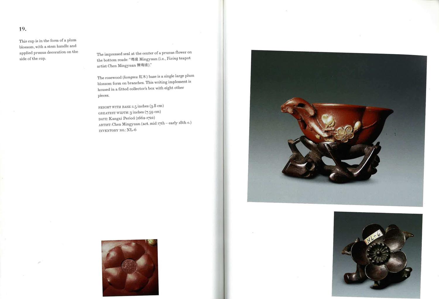 A Rare Yixing 'Prunus Blossom' Coupe with Impressed Seal 'Mingyuan', and Wood Stand 陳鳴遠款朱泥紫砂梅花杯