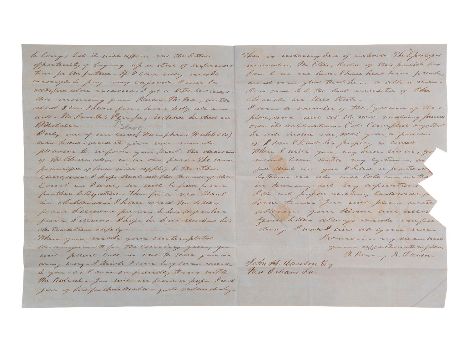 [ENSLAVEMENT]. Pair of letters from N. Henry R. DAWSON to his uncle regarding slaves. 1850.