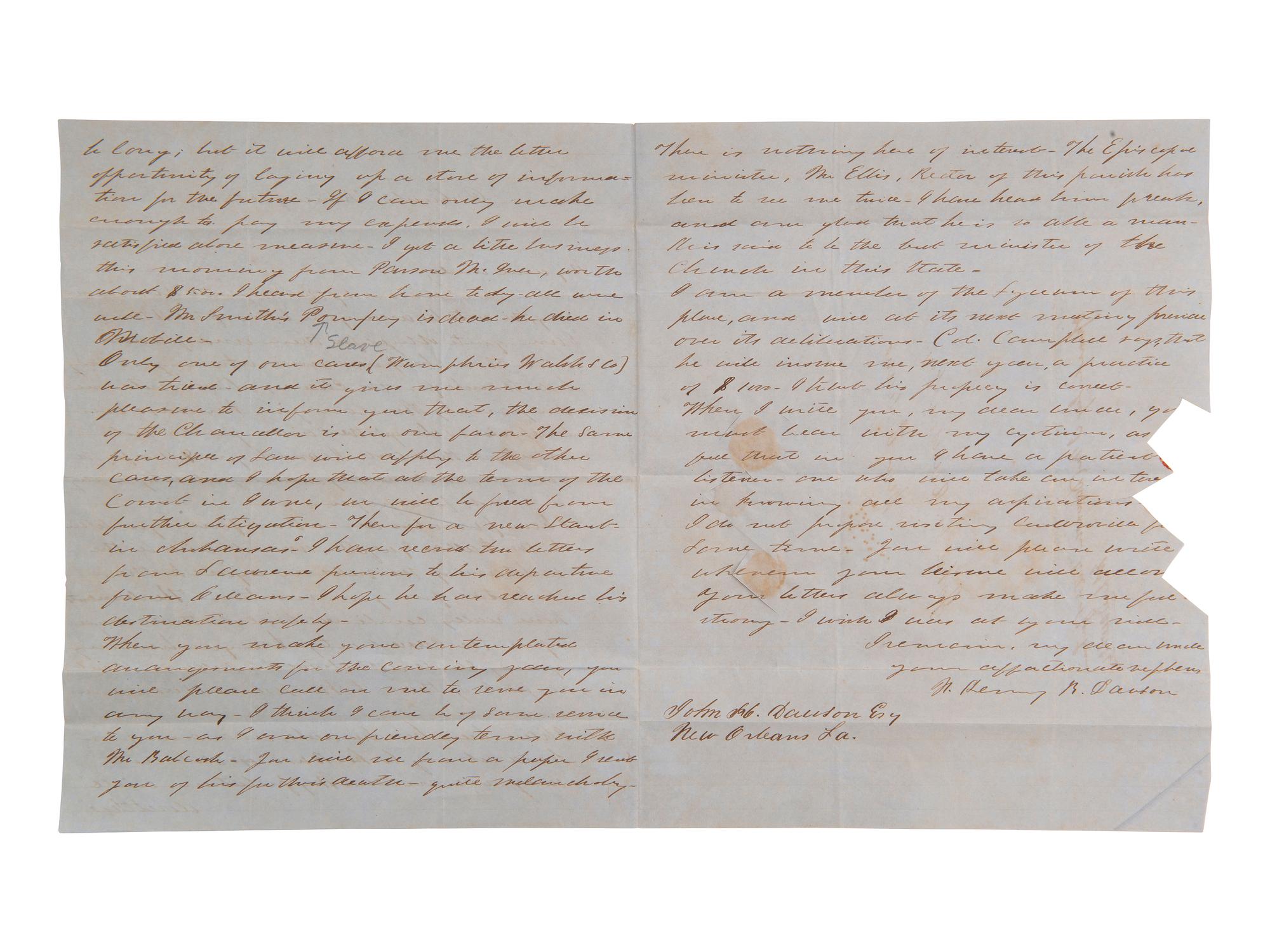 [ENSLAVEMENT]. Pair of letters from N. Henry R. DAWSON to his uncle regarding slaves. 1850.