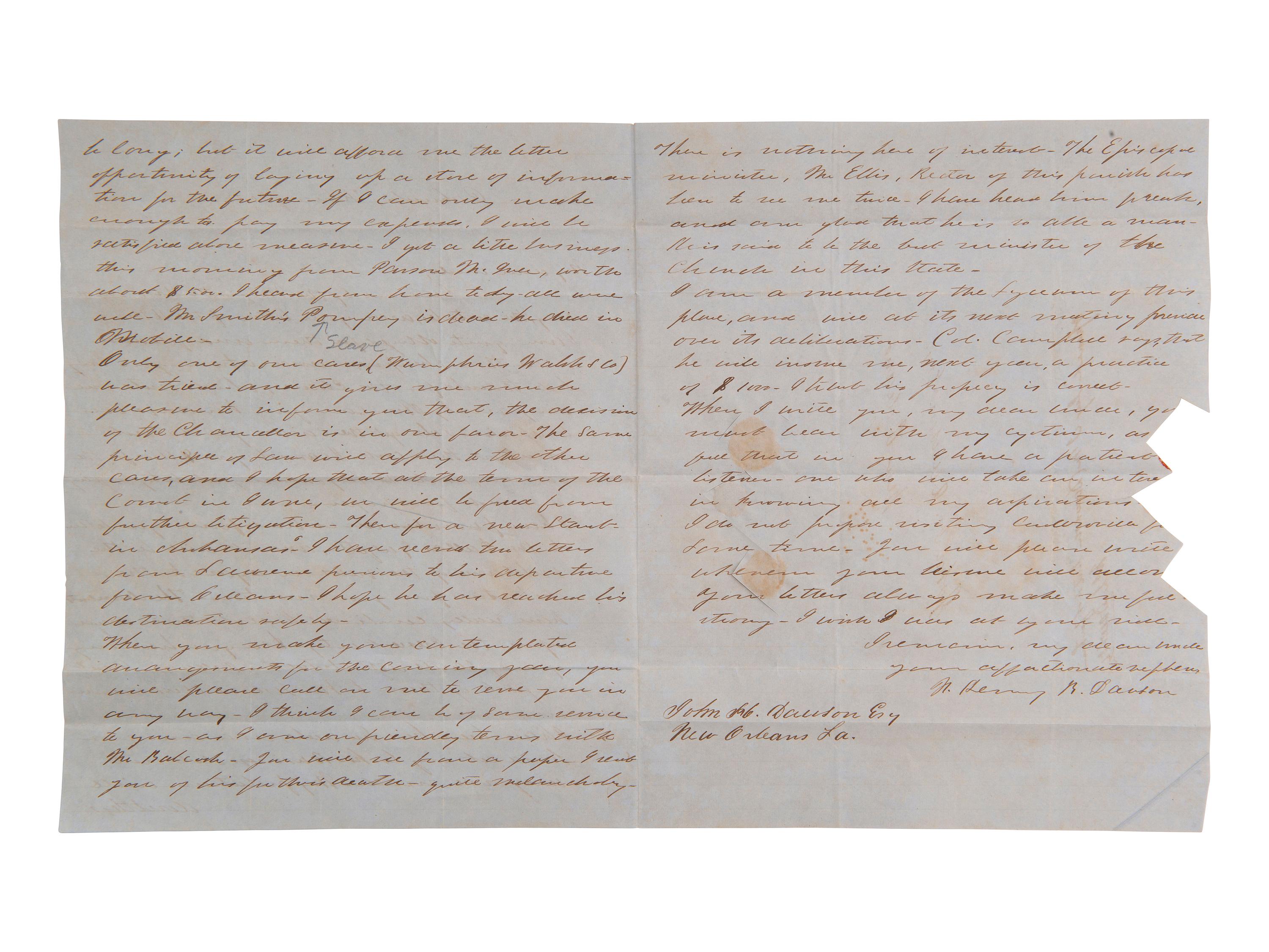 [ENSLAVEMENT]. Pair of letters from N. Henry R. DAWSON to his uncle regarding slaves. 1850.