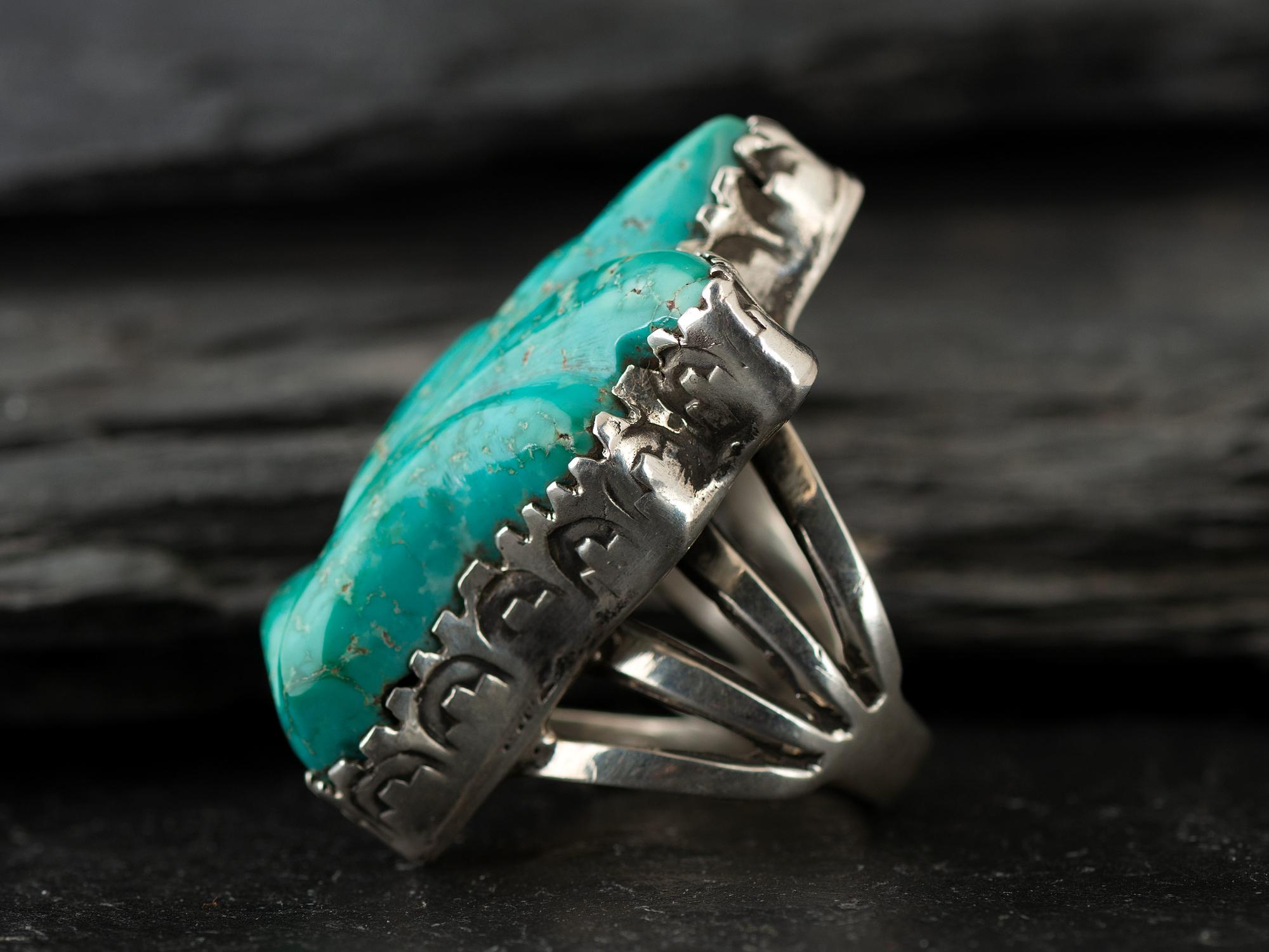 Large Silver and Carved Turquoise Ring