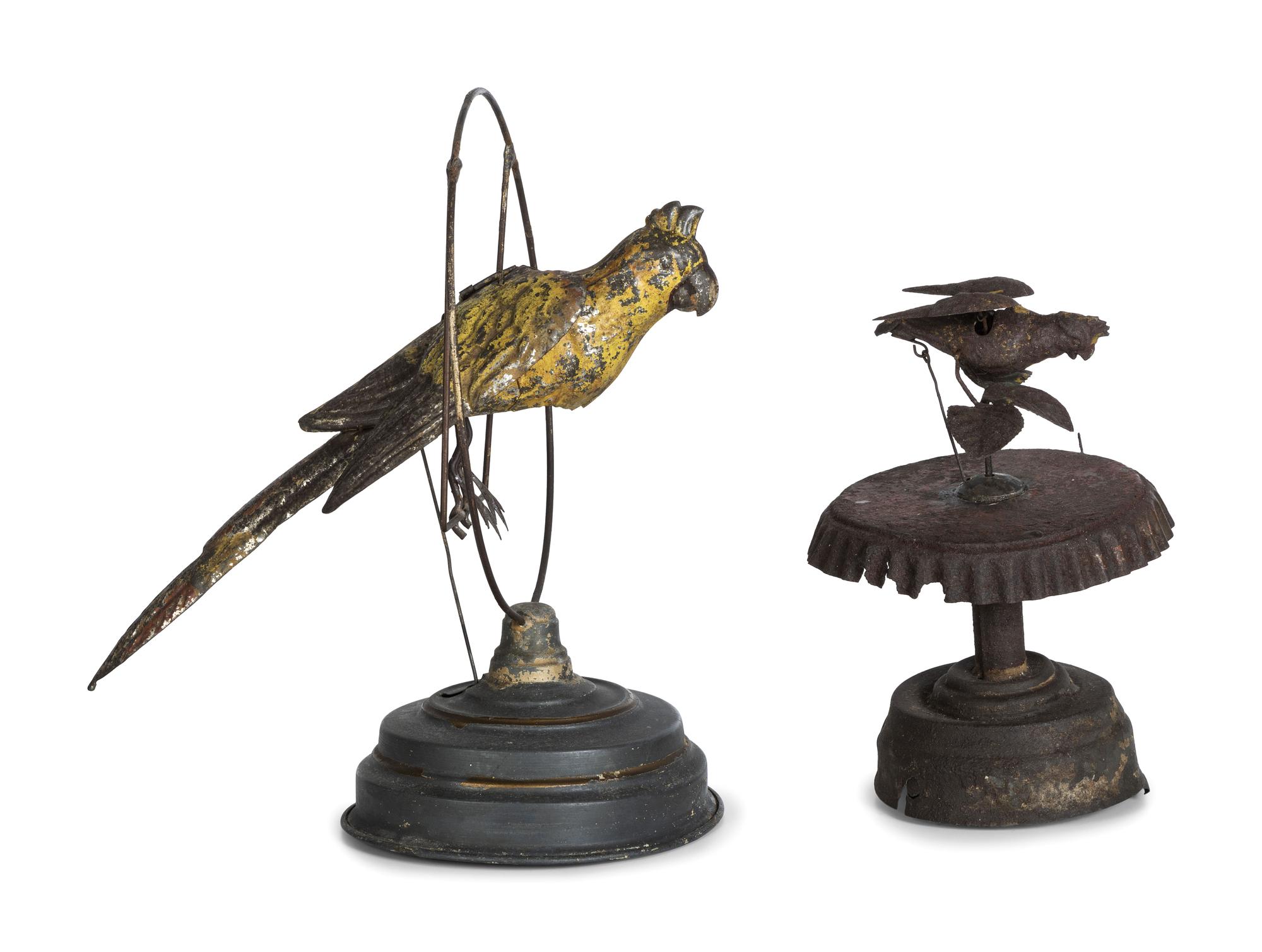 Two German Painted Tin Windup Bird Toys