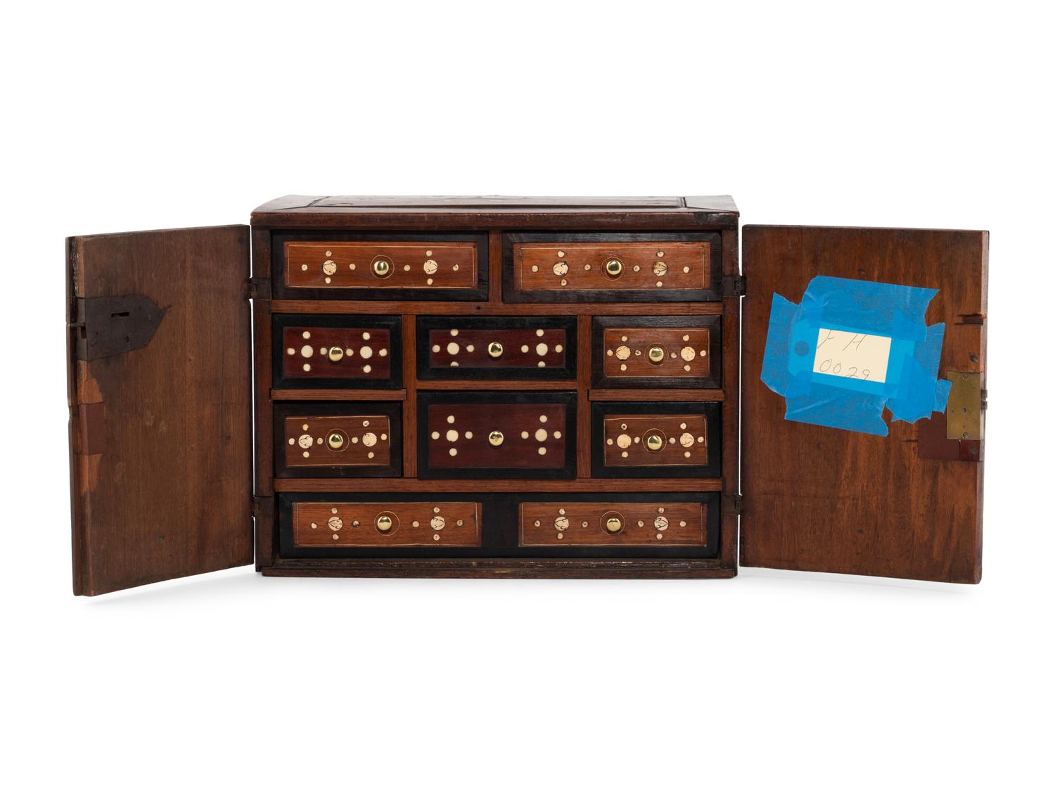 An English Bone and Mother-of-Pearl Inlaid Walnut Table Cabinet