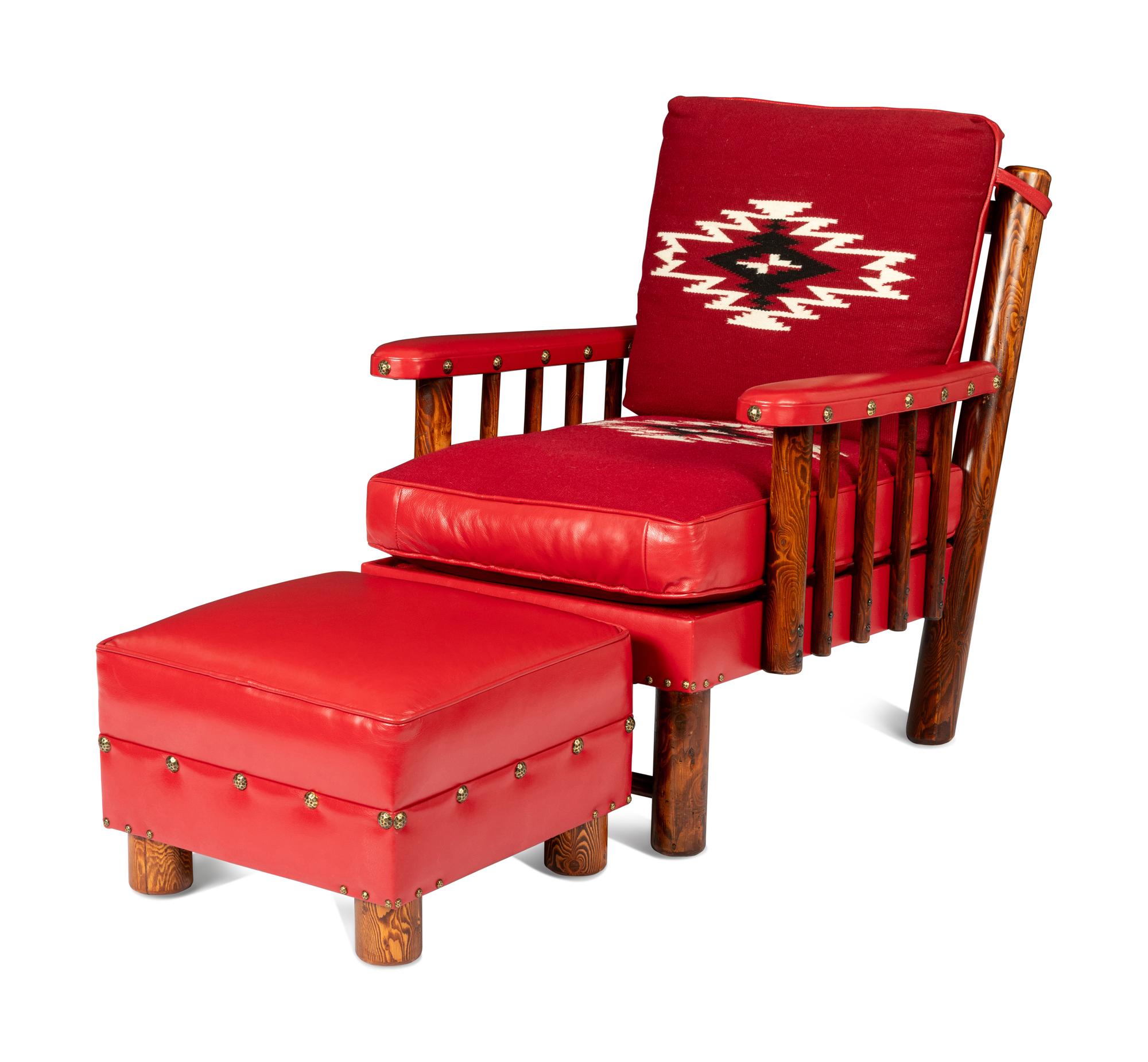 Spindle Sided Armchair with leather and Chimayo Weavings with matching ottoman