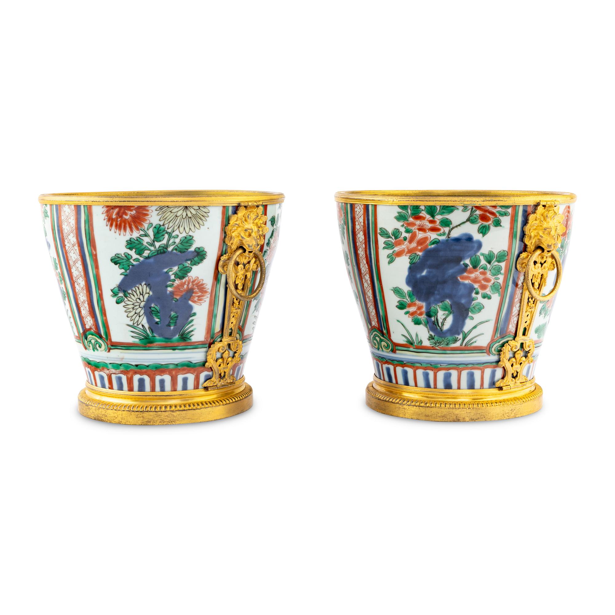 A Pair of Chinese Wucai Porcelain and Ormolu Mounted Jardinières