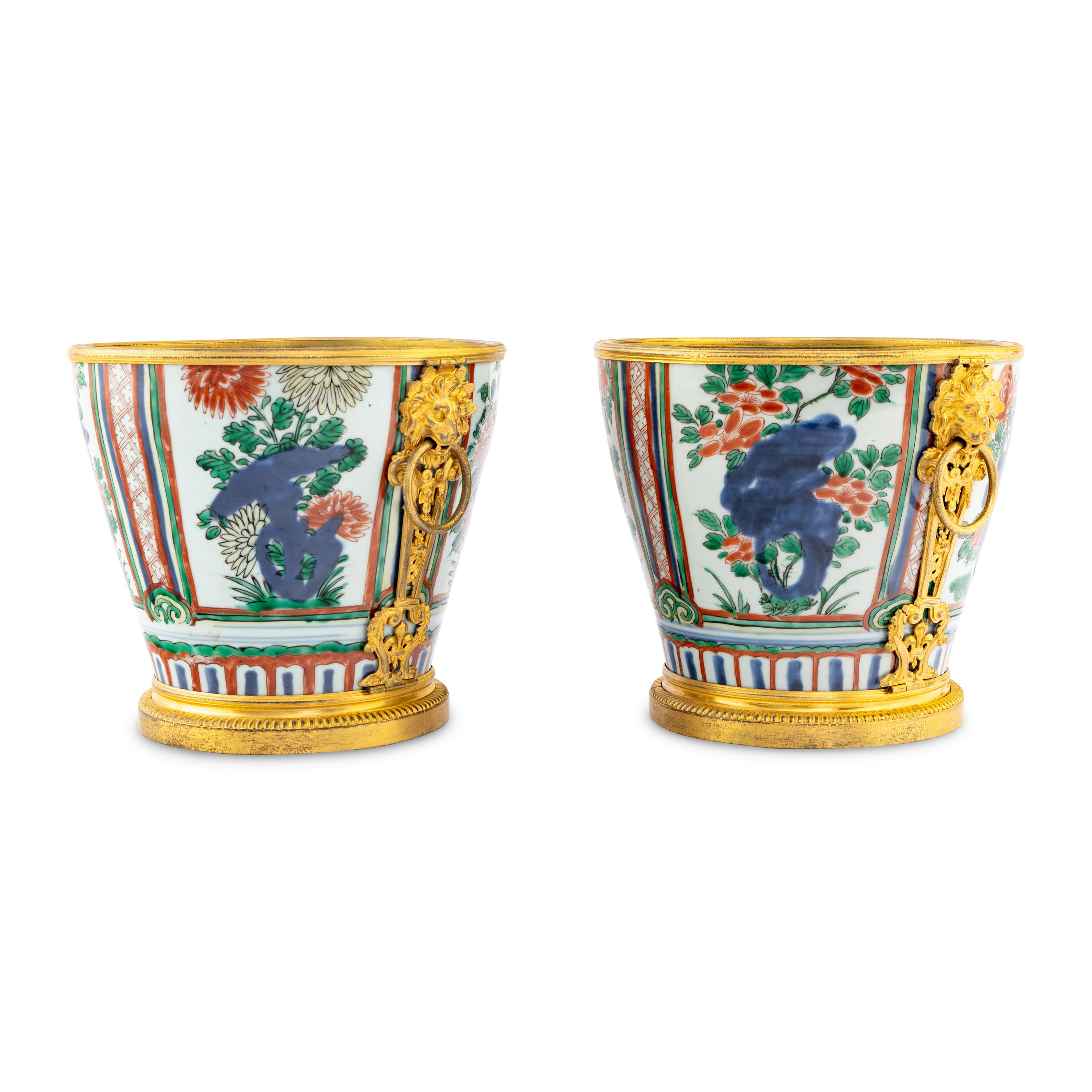 A Pair of Chinese Wucai Porcelain and Ormolu Mounted Jardinières