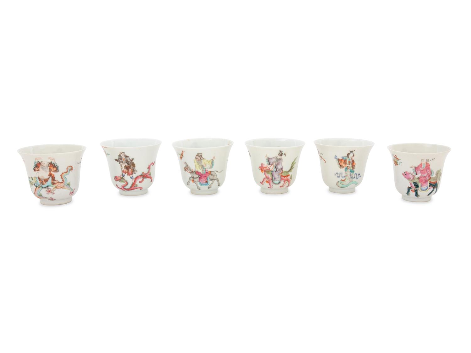 Six White Sgraffito Ground Famille Rose Porcelain "Eight Immortal' Bell-Shaped Wine Cups
