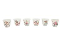 Six White Sgraffito Ground Famille Rose Porcelain "Eight Immortal' Bell-Shaped Wine Cups