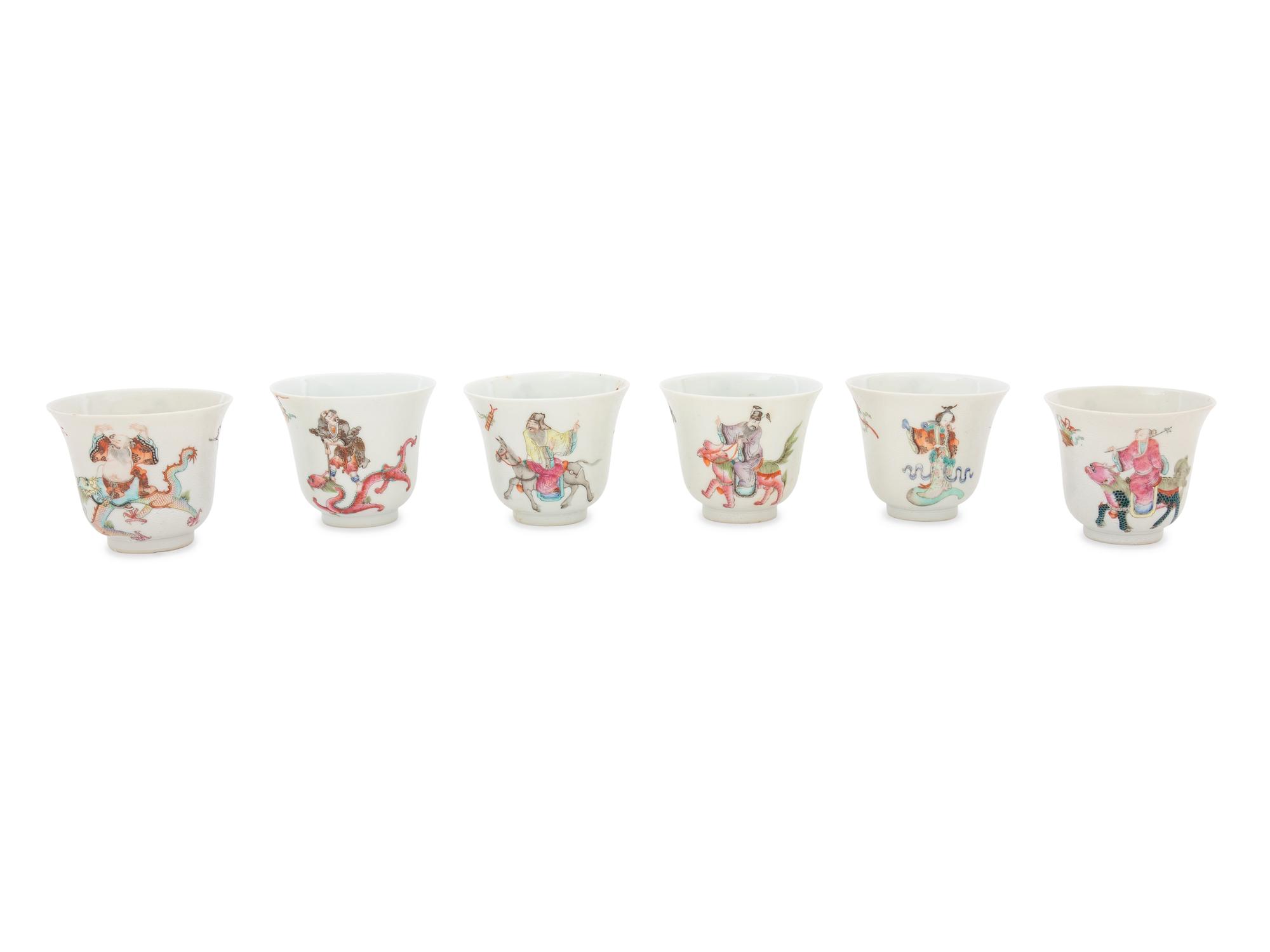 Six White Sgraffito Ground Famille Rose Porcelain "Eight Immortal' Bell-Shaped Wine Cups