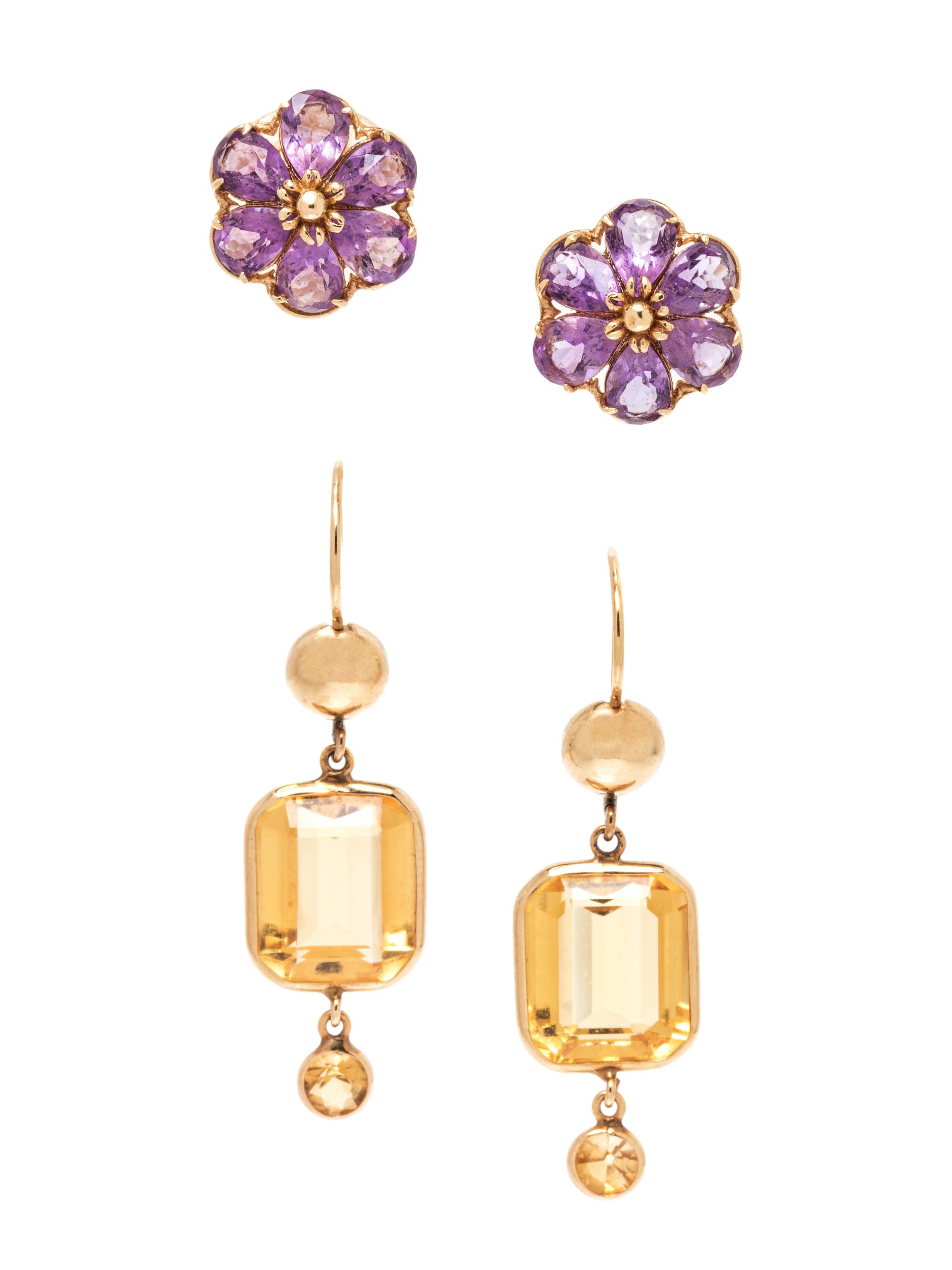 A Collection of 14 Karat Yellow Gold and Gemstone Earrings,