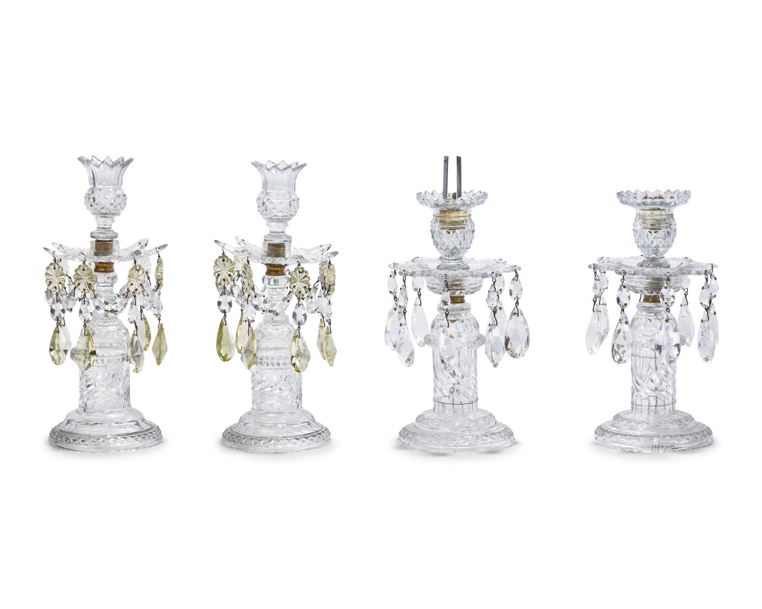 Two Pairs of George III Colorless and Citrine Cut-Glass Candlesticks