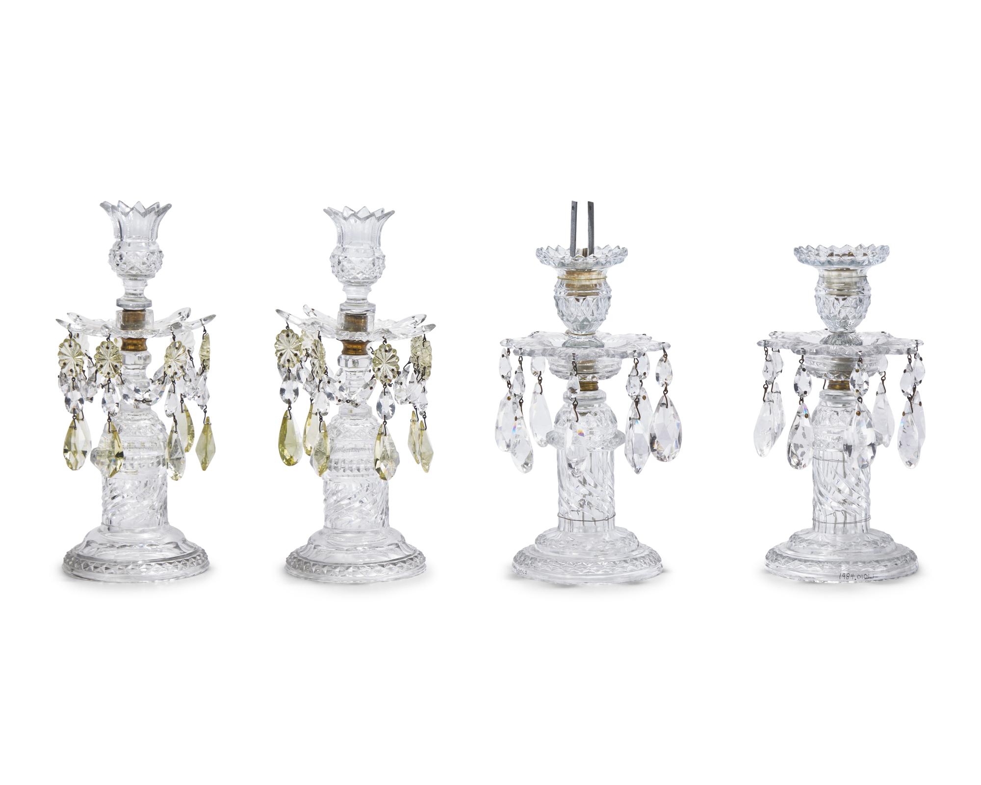 Two Pairs of George III Colorless and Citrine Cut-Glass Candlesticks