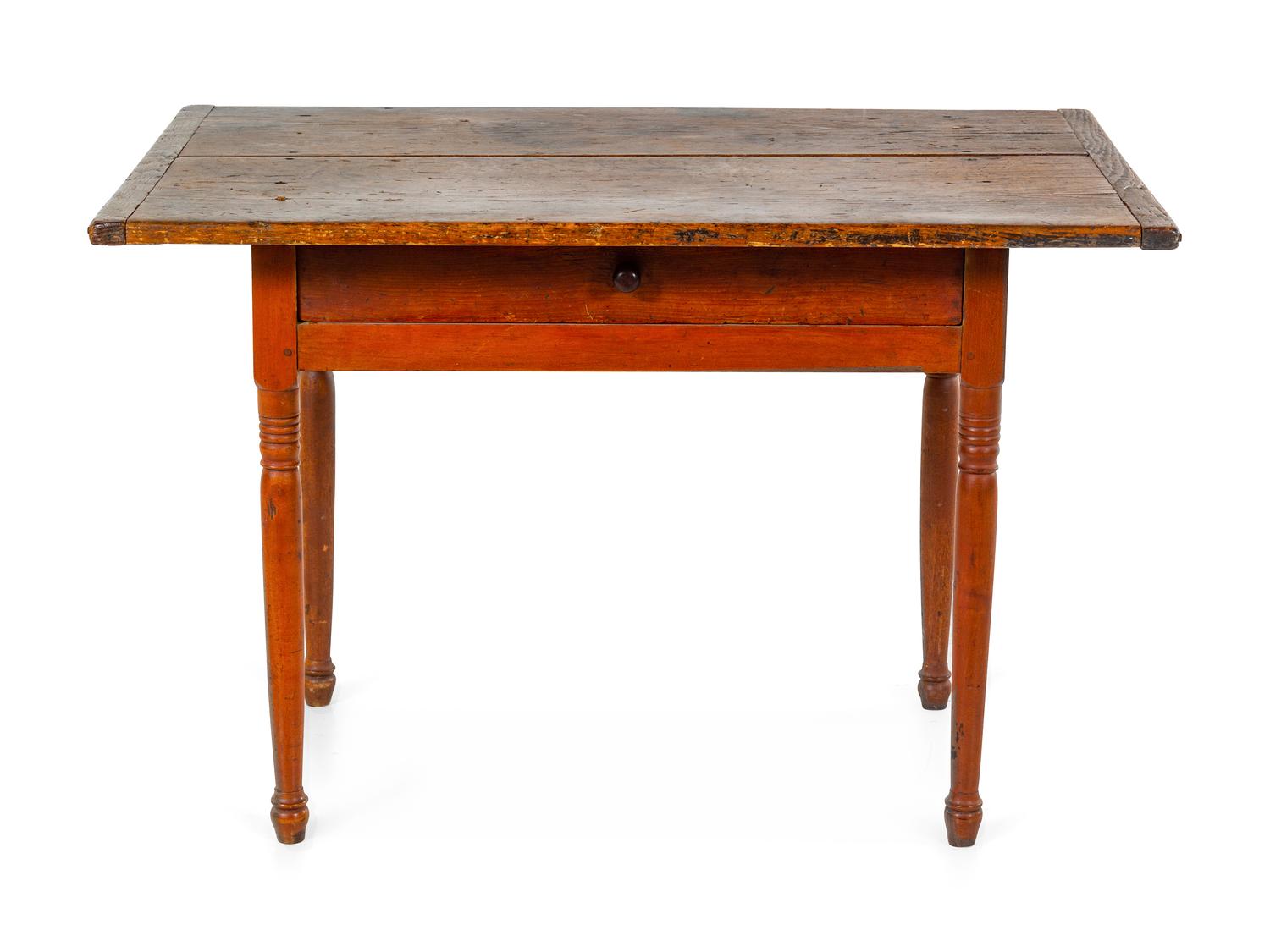 A Federal Red-Stained and Turned Maple and Pine Scrubbed-Top Tavern Table