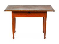 A Federal Red-Stained and Turned Maple and Pine Scrubbed-Top Tavern Table