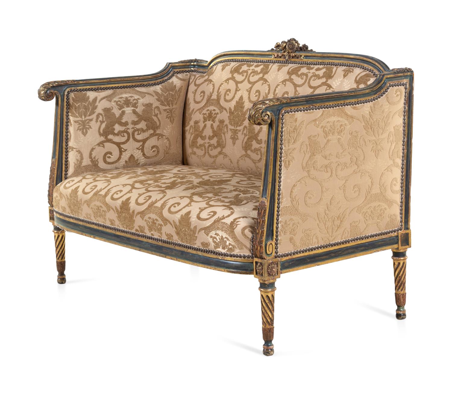 A Louis XV/XVI Transitional Style Painted and Parcel Gilt Settee