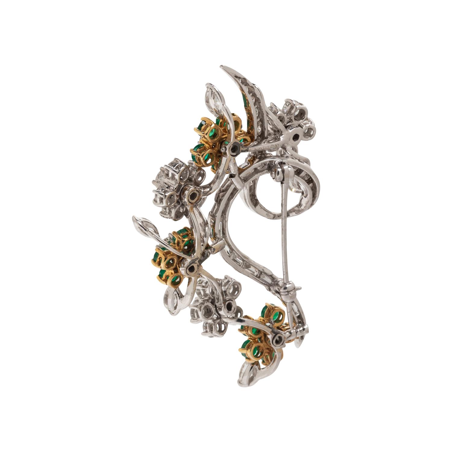 EMERALD AND DIAMOND FLORAL BROOCH